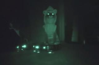 Cat In A Shark Costume Riding A Roomba AT NIGHT