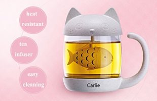 Fish Tea Infuser Strainer Filter in a Cat Glass Cup Tea Mug