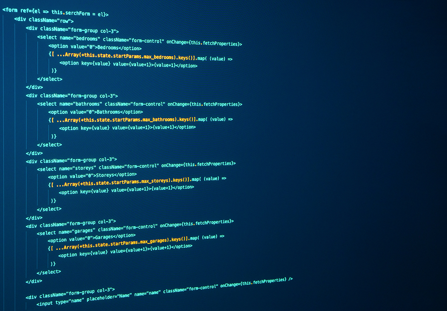 Javascript lines of code for website application. Script language for software development. Source code. React Coding. Frontend code