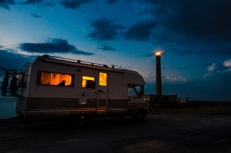 Car Microwaves – For people that live in RVs Camper Camping at the Glacier Lake. Camper Van Vacation.