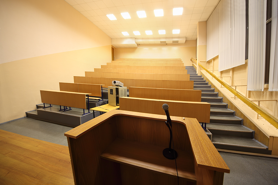 Large classroom, university lecture hall; view from lectern with