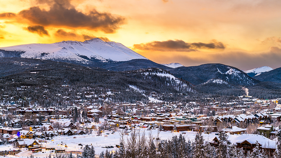 Breckenridge, Colorado, USA town skyline in winter at dawn.