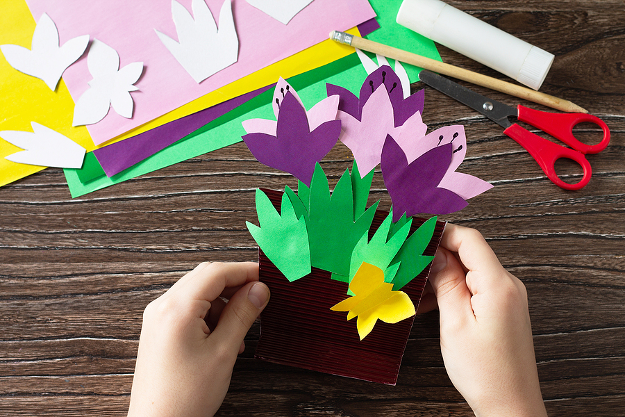 Top 10 craft Instagram accounts to follow in 2021 Greeting card for mother's day with spring flowers crocuses. Handmade Paper Craft Ideas. The project of children's creativity, crafts, crafts for children.