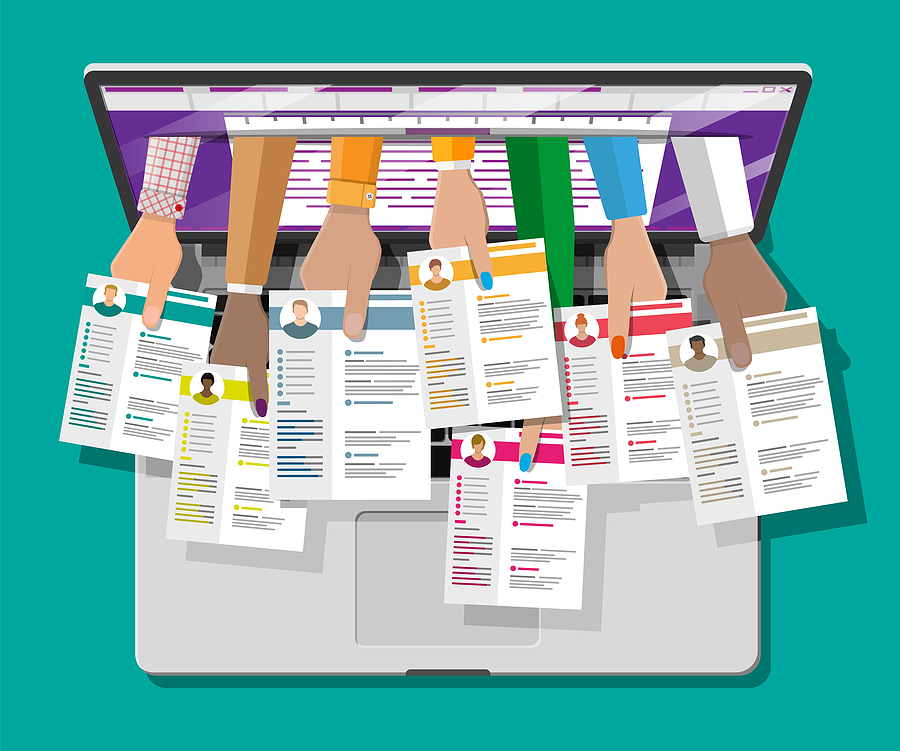 Job Resume Document Out From Laptop. Hands Holding Cv Resume Pap