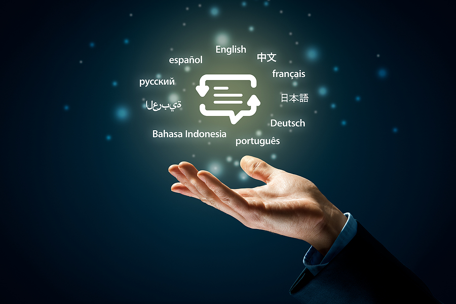 Translator professional and languages education concepts. Hand with symbol of translation (speech bubble with arrows and abstract text) and globally important languages.