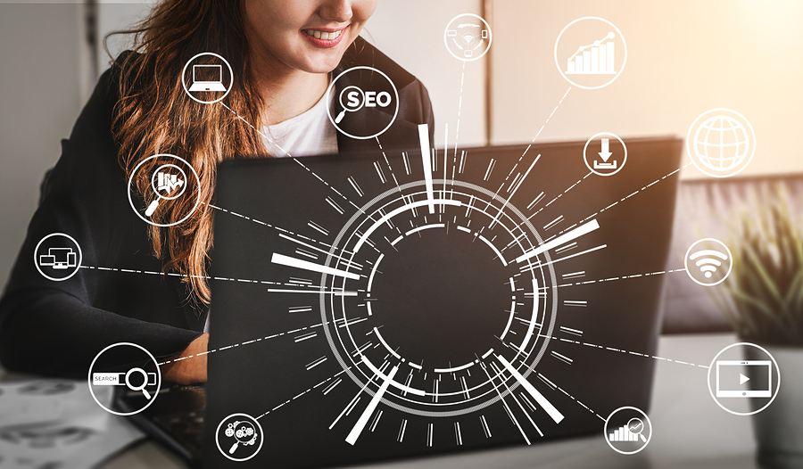 How The Covid-19 Pandemic Changed SEO SEO - Search Engine Optimization for Online Marketing Concept. Modern graphic interface showing symbol of keyword research website promotion by optimize customer searching and analyze market strategy.