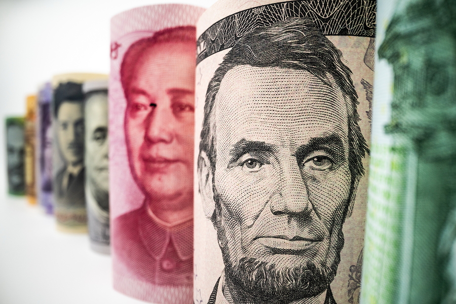 8 Myths of Forex Trading Macro shot of international currency money include US American Dollar, Euro Currency, Australian Dollar, China Yuan and Japan Yen. Foreign currency money exchange and Forex concept.