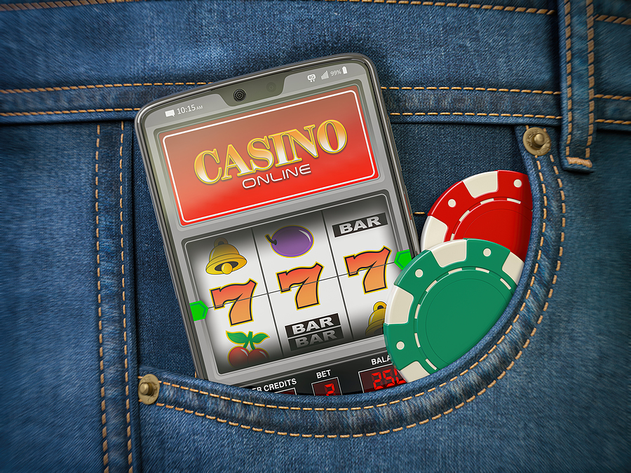6 Common Myths About Mobile Gambling Online casino. Mobile phone or smartphone with slota machine jackpot on the screen in pocket of jeans. 3d illustration