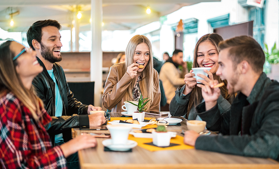 Choosing the Most Appropriate Commercial Seating for Restaurants and Bars Friends Group Drinking Cappuccino At Coffee Bar – People Talking