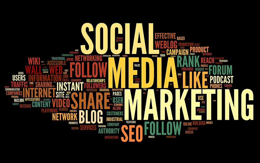 How to thrive a solid social media marketing strategy? The world is changing: Social media marketing concept in word tag cloud on black backgr