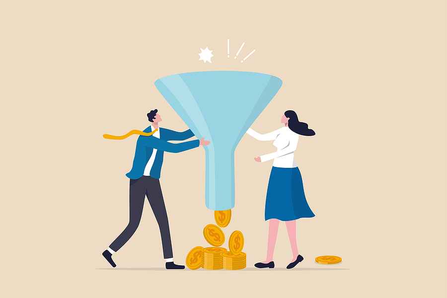 How to Create a Cost-Effective Instagram Ads Funnel: 4 Tips Marketing or sale funnel, conversion rate or customer buying product from advertising campaign, online ads or purchase rate concept, business people marketer holding funnel with flow of purchase money