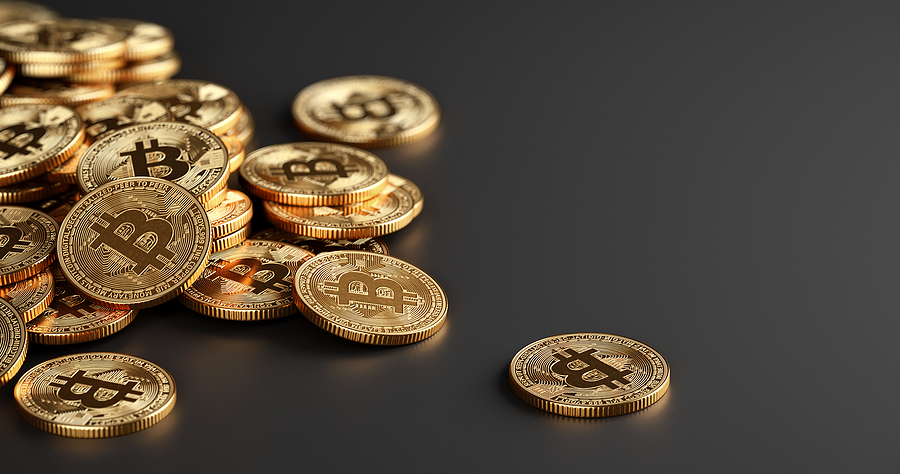 The Impacts of Bitcoin Trading in California Bitcoin Crypto currency coins. BTC Gold bitcoin Bit Coins bitcoins on dark background. Bitcoins mining concept, Blockchain money technology. 3d illustration.