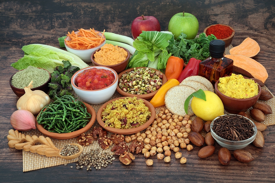 vegetarian Vegan food for healthy lifestyle concept. Health foods high in protein, omega 3, vitamins, minerals, antioxidants, anthocyanins, fibre. Eco friendly, sustainable agriculture, mindful eating.