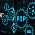 Businessman presses button p2p peer-to-peer on virtual interface