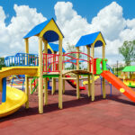 Colorful playground empty. Outdoor playground set. Children playground equipment. Play area. Play yard. Children slide park equipment. School yard. Play ground