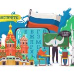 Russia foreign language school, vector illustration, tiny flat man woman character learn russian, study education near huge country flag.
