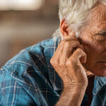 Senior man holding ears while suffering from pain. Tensed mature man holding ears. Side view of senior man with symptom of hearing loss, copy space. Retired man with fingers near ear suffering pain. hearing loss.