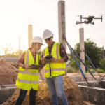 Team engineer surveyor discussion in project construction site work. Teamwork civil engineer use drone for structure inspection in construction site.