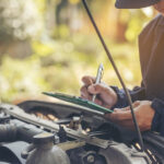 Mechanic car service auto garage in automotive mobile center. Technician workshop repair engine motor vehicles service mechanical engineering business. Automobile mechanic hands car repairs technic