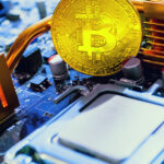 Mining Bitcoins Involves Mathematical Calculations Bitcoin among the electronic computer components, business concept of bitcoin digital cryptocurrency. Blockchain technology composition, bitcoin mining concept