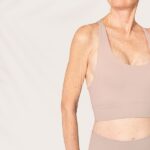 Perform Heavy Physical Activities Wearing A Sexy Sports Bra For Women! Women's beige sports bra senior activewear with design space close up