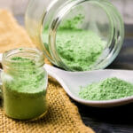 Mitragyna Speciosaor Kratom Powder In Ceramic Spoon And Glass Ja