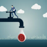 How Can You Create Your Crypto Faucet? Bitcoin mining concept as vector illustration. Business man generating crypto-currency such as bitcoins.