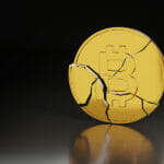 The reasons for the crash of the crypto market Broken Bitcoin on dark background with copy space. Cryptocurrency crash concept. 3d illustration.