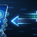 Crypto Transfer. Phone In Hands With Bitcoin Symbol And Arrows.