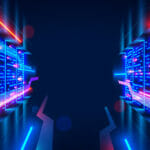 Data center or server room with servers of information cloud storage. Dark datacenter with light of data signals. Technology of computer warehouse of data. Hosting service conceptual tech background.