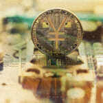 E-RMB gold coin, Chinese digital yuan, conceptual image of the digital version of the yuan. Chinese decentralized currency, on board and circuits