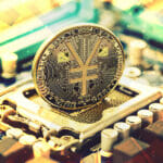What is the framework of the digital yuan's design E-RMB gold coin, Chinese digital yuan, conceptual image of the digital version of the yuan. Chinese decentralized currency, on board and circuits
