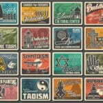 Does Non-Denominational Mean Non-Religious? Religions Of World, Religious Symbols And Posters, Vector Retro.