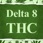 Are Delta 9 gummies Legal? Delta 8 THC sign with cannabis leaves for your weed business sales 3D Illustration