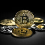 Bitcoin Coins And Altcoins In Black Background. Virtual Cryptocu
