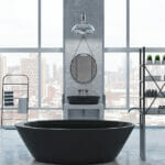 Front View On Modern Black Bath In Big Sunlit Loft Style Bathroo