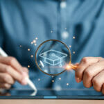 E-learning online class, magnifier focus to degree graduation cap icon, watching video on internet, webinar online, education on internet, e-learning, learning online with webinar, education concept.