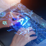Top View Of Woman Fingers Typing On Laptop Keyboard, Ai Hologram