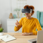 The Future Landscape of Casino Innovation and Trends African American Young Woman Wearing Using Virtual Reality Metav