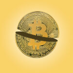 Technological Advancements Stimulated by Bitcoin Halving Bitcoin Halving Concept, Block Reward In Half. Bitcoin Coin Cut
