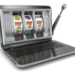 Online gambling concept. Laptop slot machine. 3d